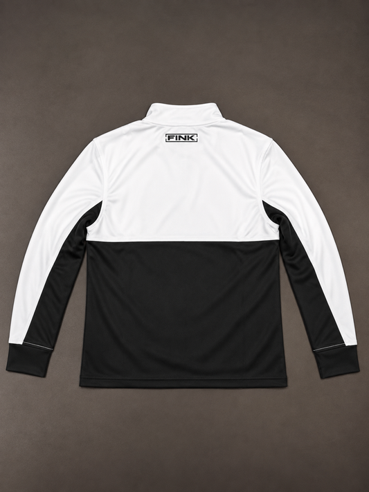 Back of FINK black and white block quarter zip with logo below the collar