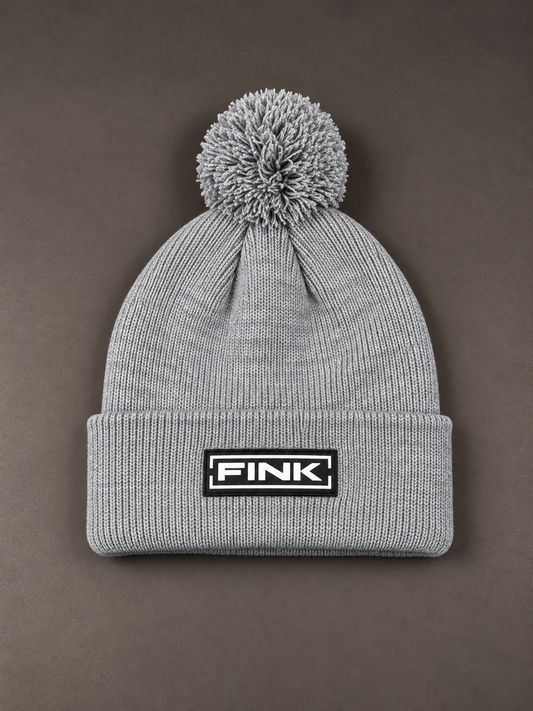 FINK light grey knitted bobble hat with matching pom-pom and black logo badge