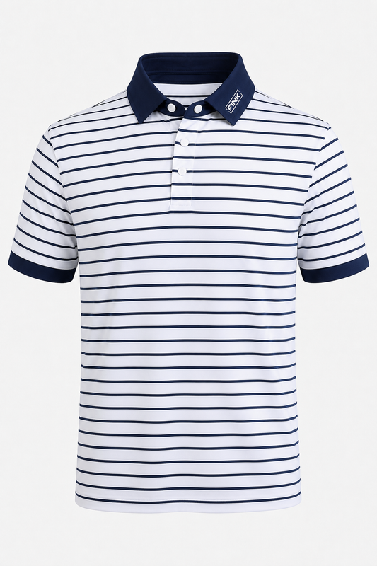 Front of FINK white polo with navy horizontal stripes, navy collar and sleeve cuffs