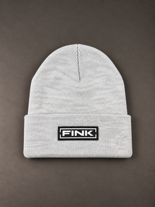 FINK white heather knit beanie with folded cuff and black logo badge