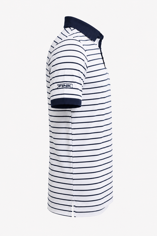 Side view of FINK horizontal pin stripe polo showing sleeve logo and navy cuff
