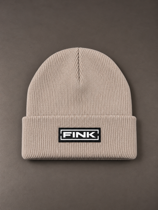 FINK mushroom knit beanie with folded cuff and black logo badge